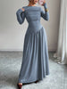Women's Long Dress, Wide Neckline, Long Sleeves and Ruched Bodice