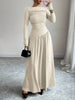 Women's Long Dress, Wide Neckline, Long Sleeves and Ruched Bodice