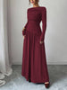 Women's Long Dress, Wide Neckline, Long Sleeves and Ruched Bodice