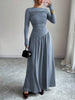 Women's Long Dress, Wide Neckline, Long Sleeves and Ruched Bodice
