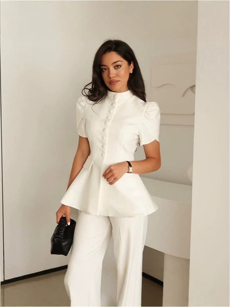 Women's Solid Color Polyester Stand-Up Collar Three-Quarter Sleeve Single Breasted Button Blazer European American Style in Black White Yellow Pink