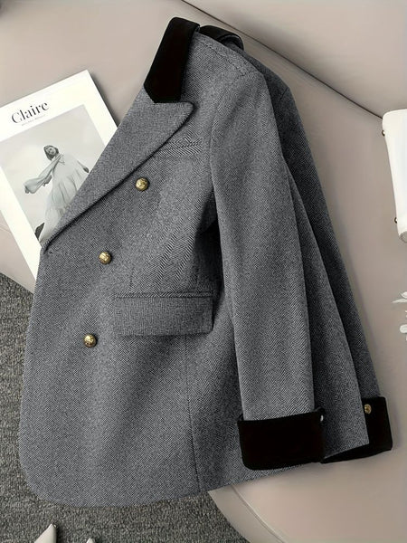 Women's Loose Fit Polyester Solid Color Suit Collar Long Sleeve Three Double Breasted Buttons Splicing Office Blazer for Autumn in Grey