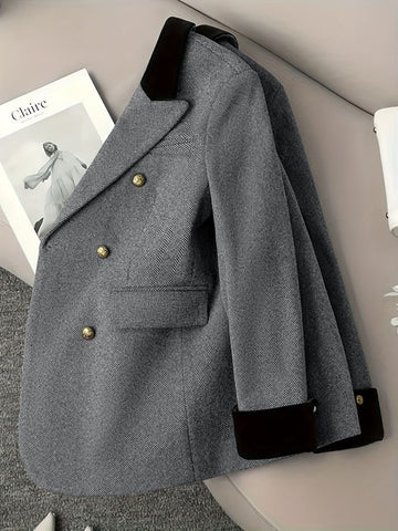 Women's Loose Fit Polyester Solid Color Suit Collar Long Sleeve Three Double Breasted Buttons Splicing Office Blazer for Autumn in Grey