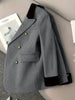 Women's Loose Fit Polyester Solid Color Suit Collar Long Sleeve Three Double Breasted Buttons Splicing Office Blazer for Autumn in Grey