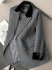 Women's Loose Fit Polyester Solid Color Suit Collar Long Sleeve Three Double Breasted Buttons Splicing Office Blazer for Autumn in Grey