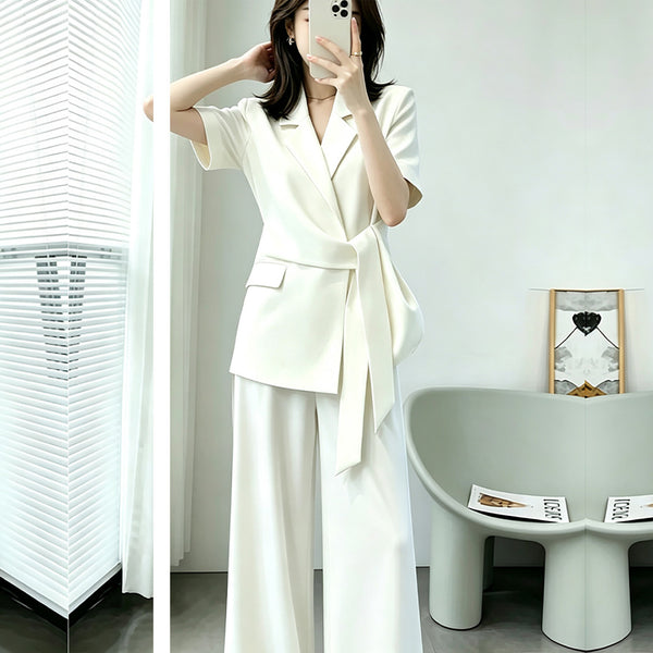 Women's Lightweight Summer Polyester Suit Pants Set with Three-Quarter Sleeves and Wide Leg Pants Two Pieces Casual Outfit
