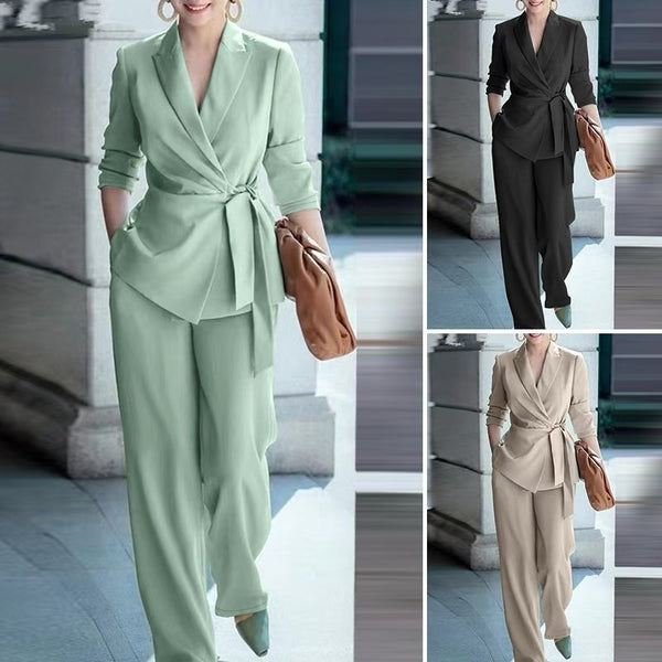 Women's General Fit Summer Polyester Solid Color Long Sleeve Lace Up European Style Casual Pants in Black Khaki