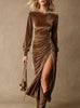 Women's Velvet-Style Dress, Round Neck, Long Sleeves and Ruched Split Skirt