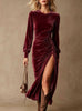 Women's Velvet-Style Dress, Round Neck, Long Sleeves and Ruched Split Skirt