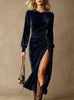 Women's Velvet-Style Dress, Round Neck, Long Sleeves and Ruched Split Skirt