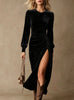Women's Velvet-Style Dress, Round Neck, Long Sleeves and Ruched Split Skirt