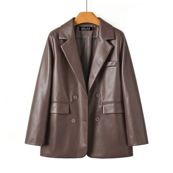 Women's Slim Fit Synthetic Leather Lapel Long Sleeve Double Breasted Pocket Casual Office Jacket for Autumn in Retro Brown