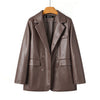 Women's Slim Fit Synthetic Leather Lapel Long Sleeve Double Breasted Pocket Casual Office Jacket for Autumn in Retro Brown