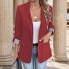 Women's Slim Fit Spring Polyester Solid Color Suit Collar One Button Three Quarter Sleeve Blazer with Pocket for Office in Black Red Blue