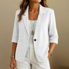 Women's Routine Fit Single Breasted Cotton Solid Color Suit Collar Long Sleeve Jacket with Pockets for Autumn in White
