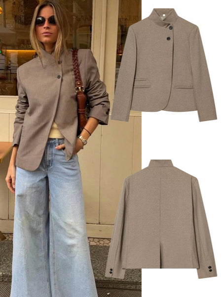 Women's Routine Fit Single Breasted Polyester Splicing Solid Color High Collar Long Sleeve Casual Blazer for Autumn in Khaki