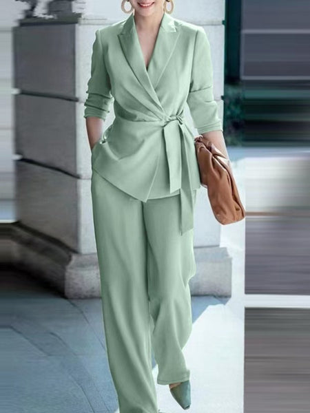 Women's Elegant Polyester Solid Color Lace Up Pants with Long Sleeves for Autumn in Green Khaki Black
