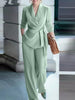 Women's Elegant Polyester Solid Color Lace Up Pants with Long Sleeves for Autumn in Green Khaki Black