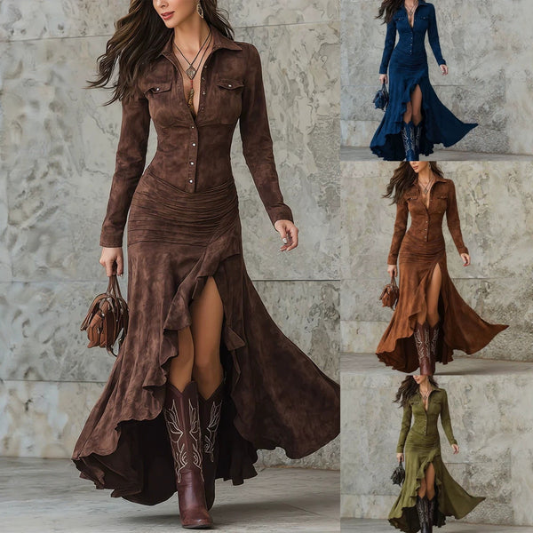 Women's Long Shirt Dress, Button Front, Long Sleeves and Asymmetric Split Hem