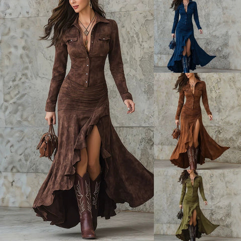Women's Long Shirt Dress, Button Front, Long Sleeves and Asymmetric Split Hem
