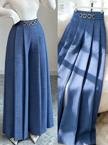 Women's Loose Fit Polyester Solid Color Casual Wide Leg Dress Pants for Summer in Black