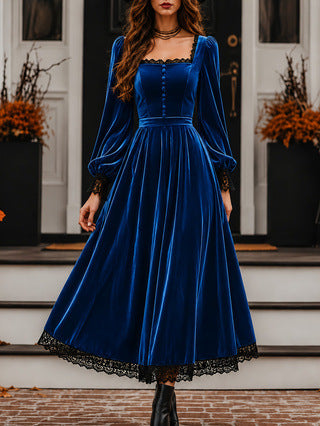 Women's Velvet-Style Evening Dress, Square Neck, Lace Trim and Long Sleeves