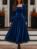 Women's Velvet-Style Evening Dress, Square Neck, Lace Trim and Long Sleeves
