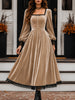 Women's Velvet-Style Evening Dress, Square Neck, Lace Trim and Long Sleeves