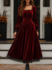 Women's Velvet-Style Evening Dress, Square Neck, Lace Trim and Long Sleeves