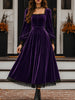 Women's Velvet-Style Evening Dress, Square Neck, Lace Trim and Long Sleeves