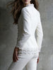 Women's Elegant V-Neck Long Sleeve Single Breasted Polyester Jacket with Pearl Buttons for Commute Work in White