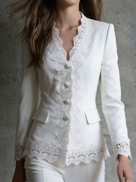Women's Elegant V-Neck Long Sleeve Single Breasted Polyester Jacket with Pearl Buttons for Commute Work in White