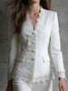Women's Elegant V-Neck Long Sleeve Single Breasted Polyester Jacket with Pearl Buttons for Commute Work in White
