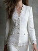 Women's Elegant V-Neck Long Sleeve Single Breasted Polyester Jacket with Pearl Buttons for Commute Work in White