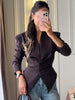 Women's Single-Breasted Collarless Polyester Solid Color Asymmetrical Long Sleeve Blazer Jacket for Office in Brown Black White