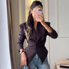 Women's Single-Breasted Collarless Polyester Solid Color Asymmetrical Long Sleeve Blazer Jacket for Office in Brown Black White