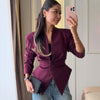 Women's Single-Breasted Collarless Polyester Solid Color Asymmetrical Long Sleeve Blazer Jacket for Office in Brown Black White