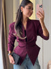 Women's Single-Breasted Collarless Polyester Solid Color Asymmetrical Long Sleeve Blazer Jacket for Office in Brown Black White