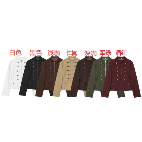 Women's Slim Fit Stand Collar Long Sleeve Zipper Polyester Blazer with Buttons European American Style for Summer in White Black Khaki
