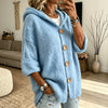 Women's Long Sleeve Hooded Button Up Polyester Solid Color Cardigan Sweater with Single Row Buttons for Fall Winter in Green Brown