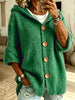 Women's Long Sleeve Hooded Button Up Polyester Solid Color Cardigan Sweater with Single Row Buttons for Fall Winter in Green Brown