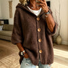 Women's Long Sleeve Hooded Button Up Polyester Solid Color Cardigan Sweater with Single Row Buttons for Fall Winter in Green Brown