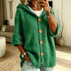 Women's Long Sleeve Hooded Button Up Polyester Solid Color Cardigan Sweater with Single Row Buttons for Fall Winter in Green Brown