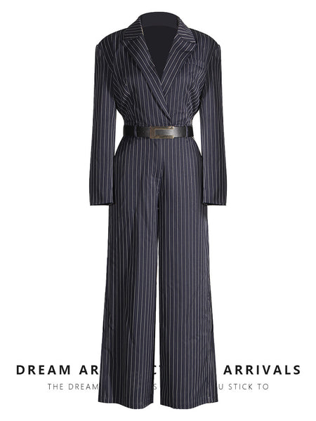 Women's Long Sleeve Polyester Pants with Folds and Stripes for Casual Office Style in Elegant Loose Fit