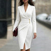Women's V Neck Long Sleeve Pullover Polyester Solid Color Patchwork Bodycon Dress for Casual Elegant Wear in White Black Pink