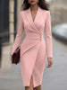 Women's V Neck Long Sleeve Pullover Polyester Solid Color Patchwork Bodycon Dress for Casual Elegant Wear in White Black Pink