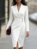 Women's V Neck Long Sleeve Pullover Polyester Solid Color Patchwork Bodycon Dress for Casual Elegant Wear in White Black Pink