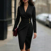 Women's V Neck Long Sleeve Pullover Polyester Solid Color Patchwork Bodycon Dress for Casual Elegant Wear in White Black Pink