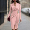 Women's V Neck Long Sleeve Pullover Polyester Solid Color Patchwork Bodycon Dress for Casual Elegant Wear in White Black Pink