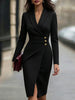 Women's V Neck Long Sleeve Pullover Polyester Solid Color Patchwork Bodycon Dress for Casual Elegant Wear in White Black Pink
